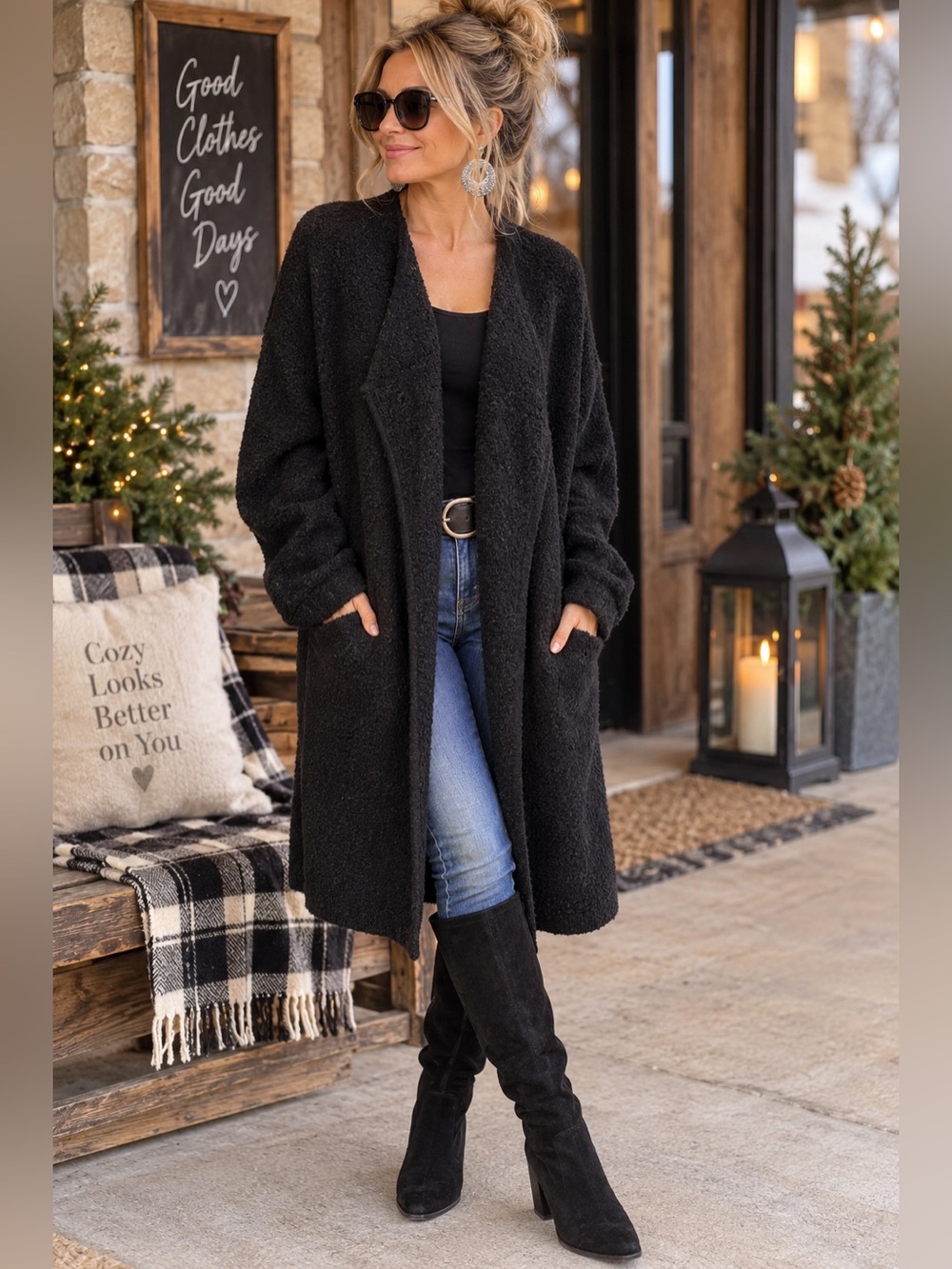 Tarnish Black Wool Blend Long Open Front Cardigan Sweater Pockets One Size